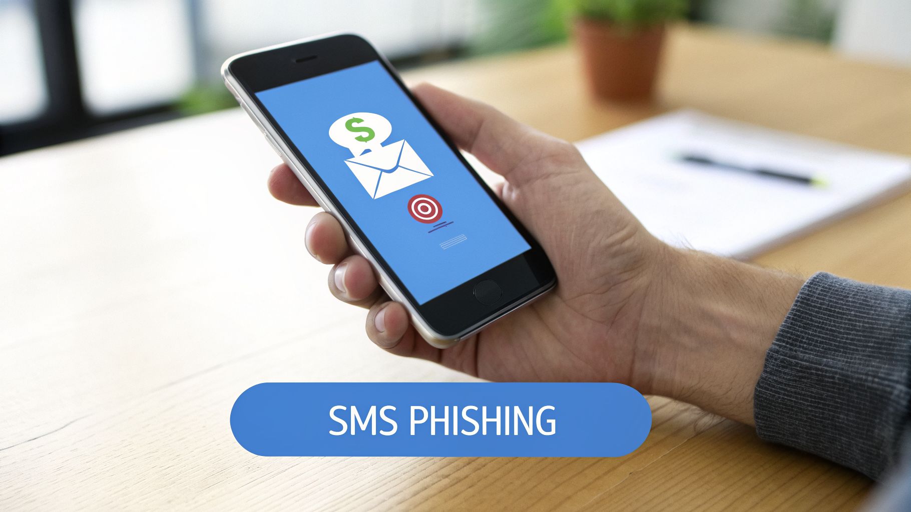 A hand holds a smartphone displaying a phishing message icon with a dollar sign, next to an SMS PHISHING banner.