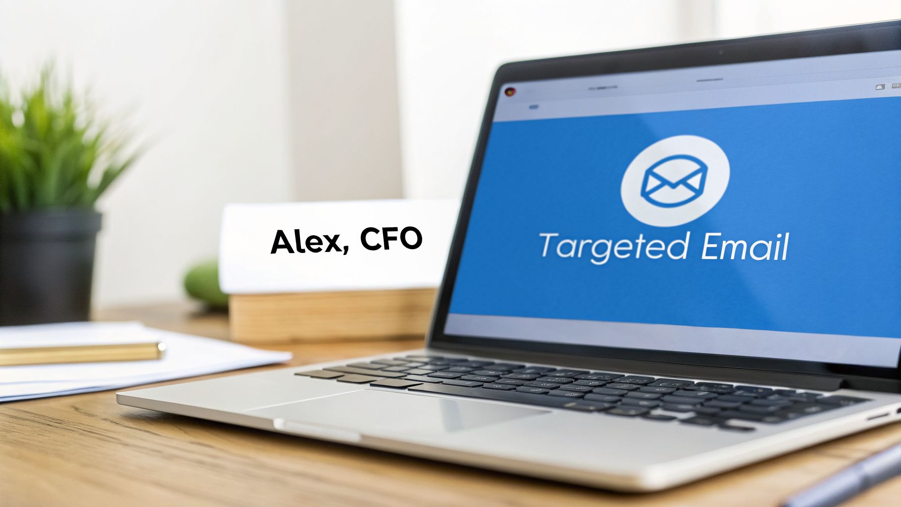 A laptop displaying Targeted Email and an envelope icon, with a Alex, CFO name card on a desk.