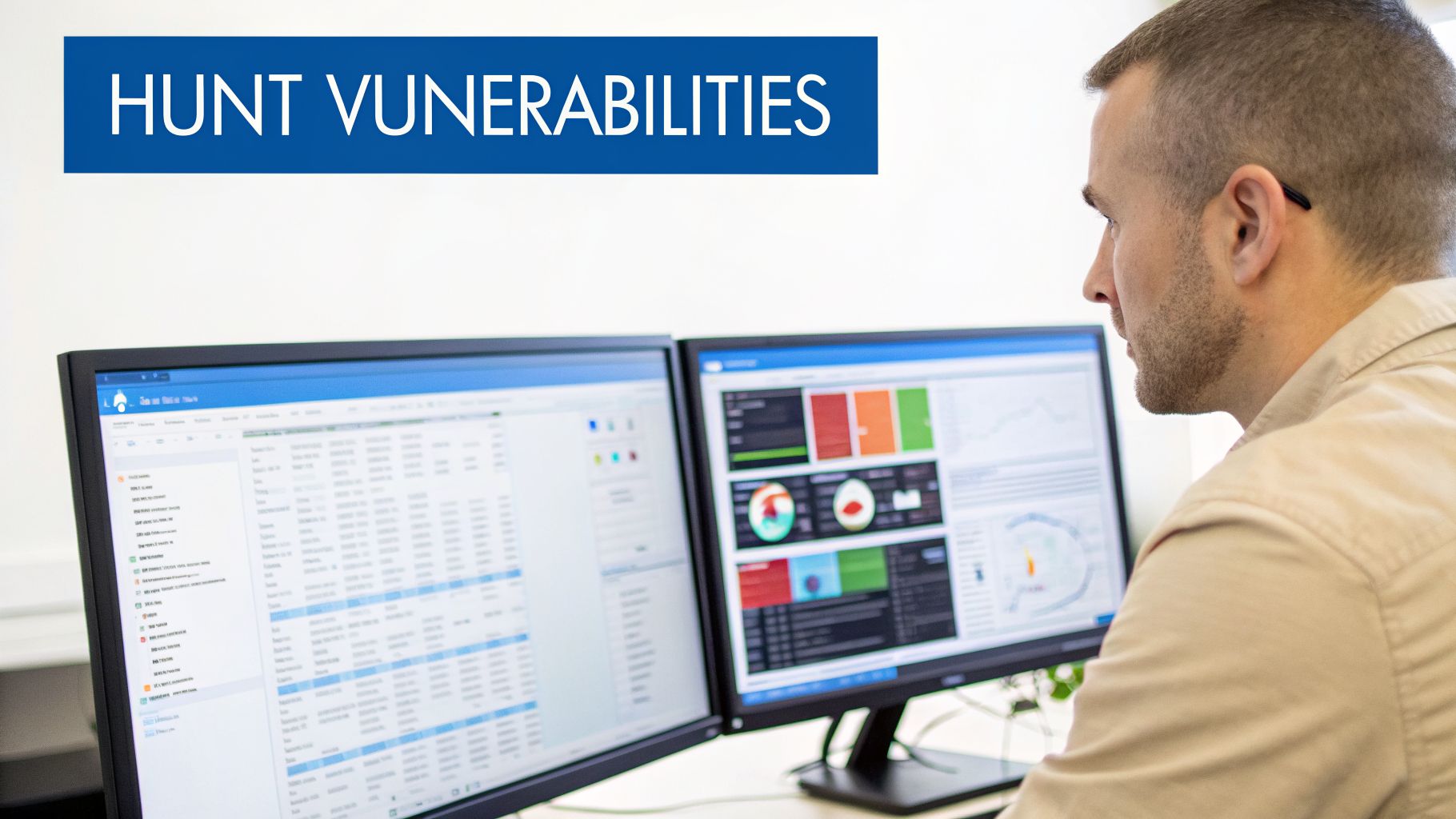 A cybersecurity professional actively hunting vulnerabilities on multiple screens in a modern office.