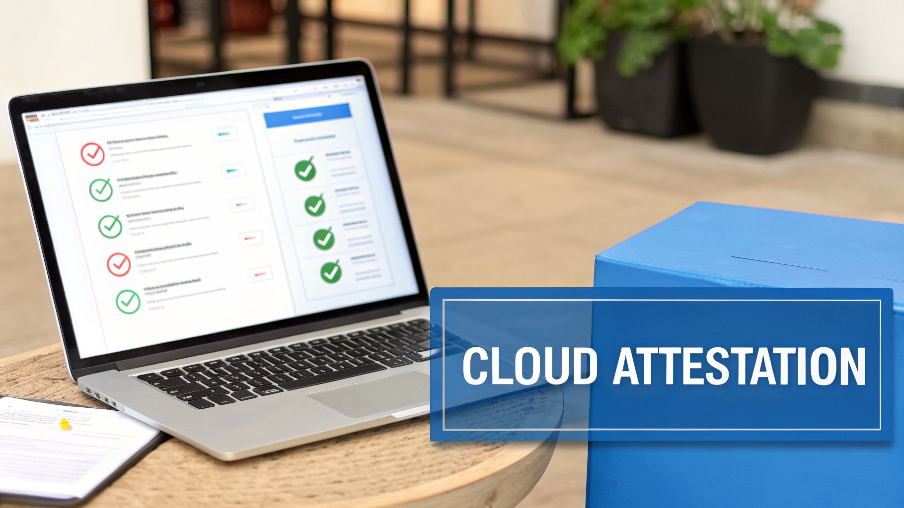 A laptop displays a digital checklist with passes and failures next to a blue box labeled "CLOUD ATTESTATION".