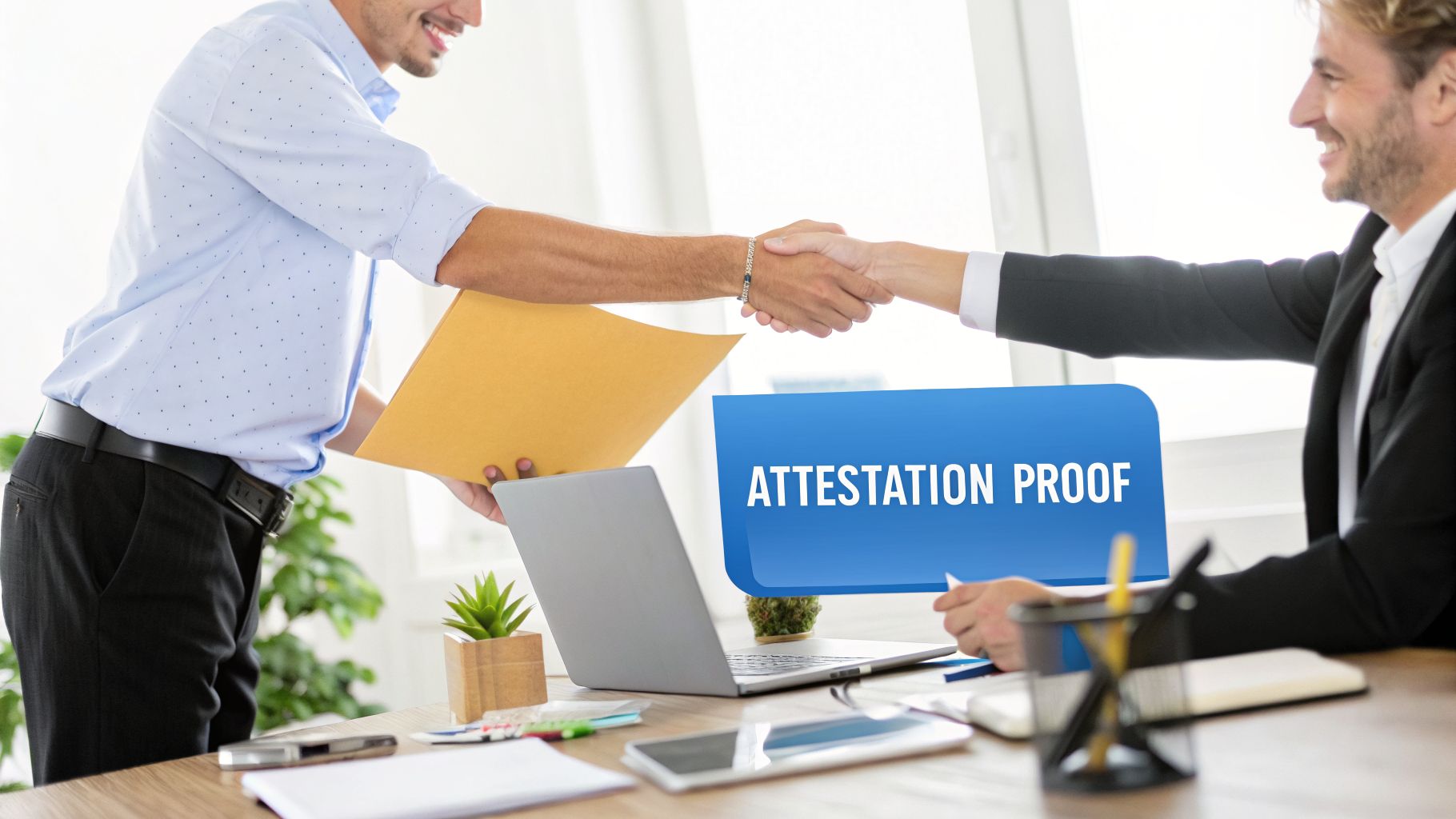 Two businessmen exchange documents and shake hands, with a blue "ATTESTATION PROOF" graphic.