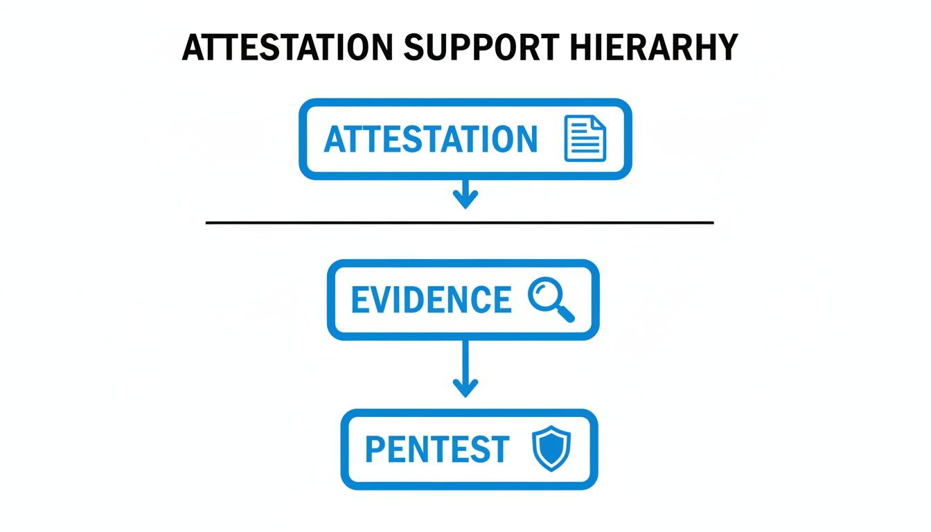 A flowchart titled 'Attestation Support Hierarchy' showing Attestation, Evidence, and Pentest.