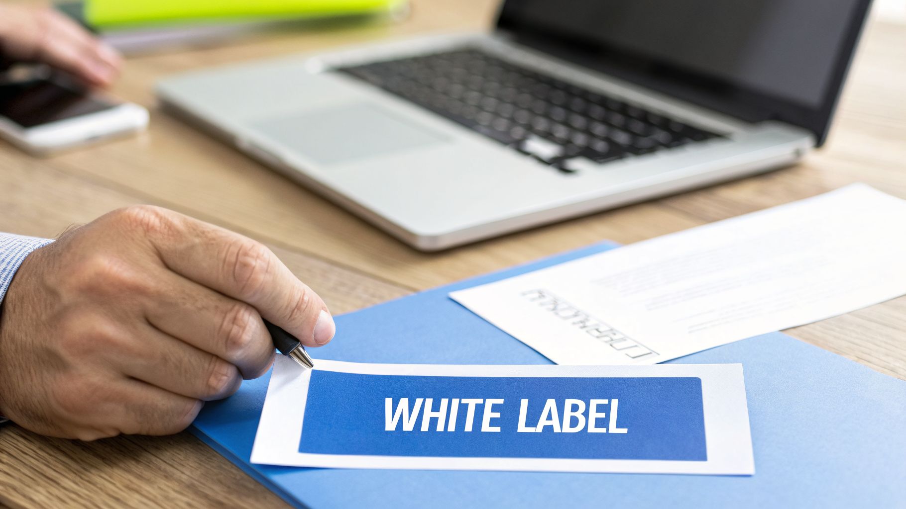 A person's hand points a pen at a blue 'WHITE LABEL' sticker on a desk with a laptop and phone.