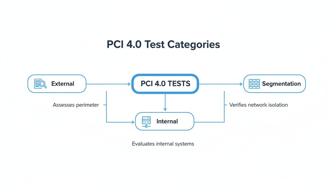 Flowchart illustrating PCI 4.0 Test Categories: External, Internal, and Segmentation, detailing their respective purposes.