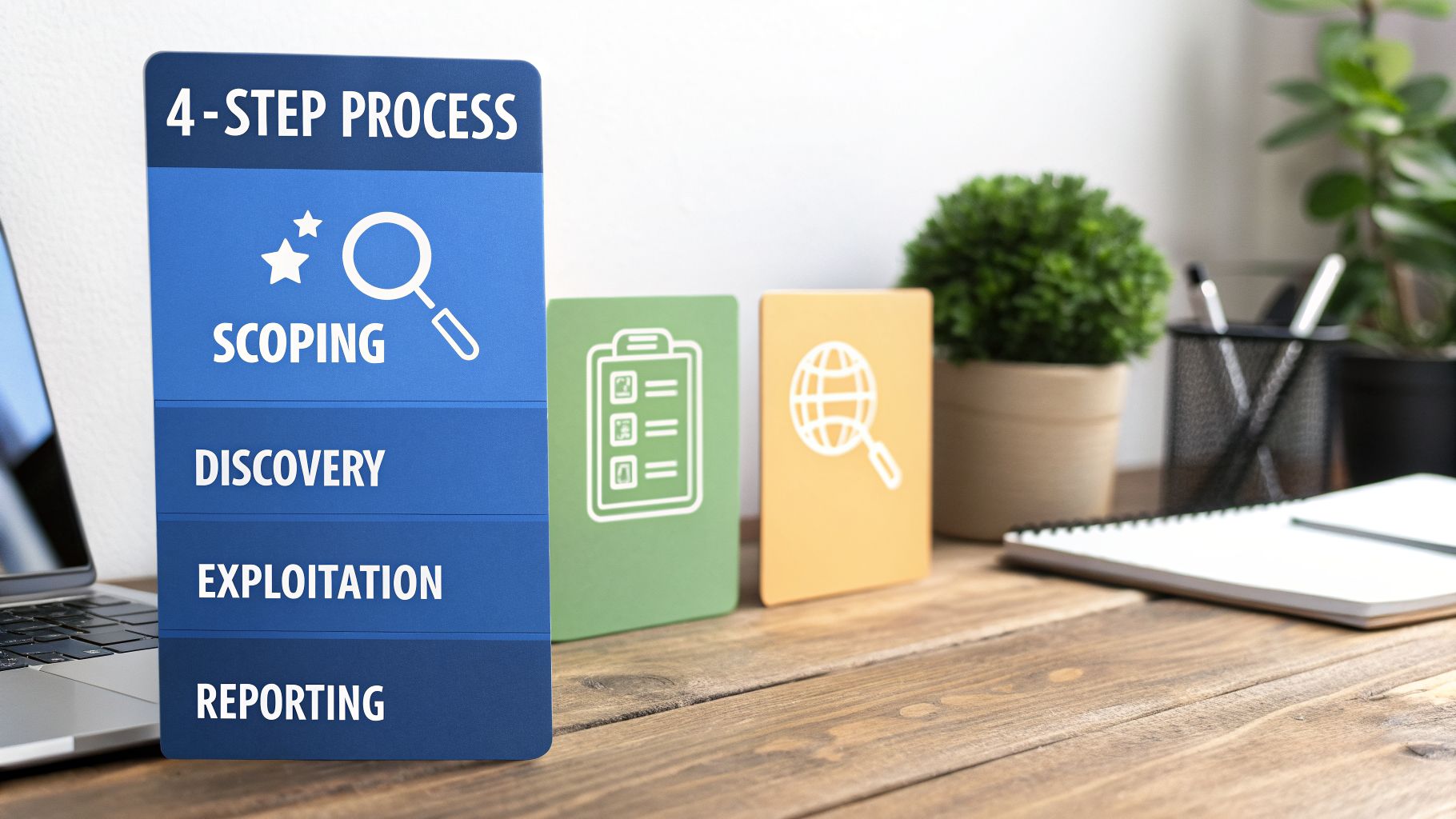 A blue sign on a wooden desk outlines a 4-step process: Scoping, Discovery, Exploitation, Reporting.