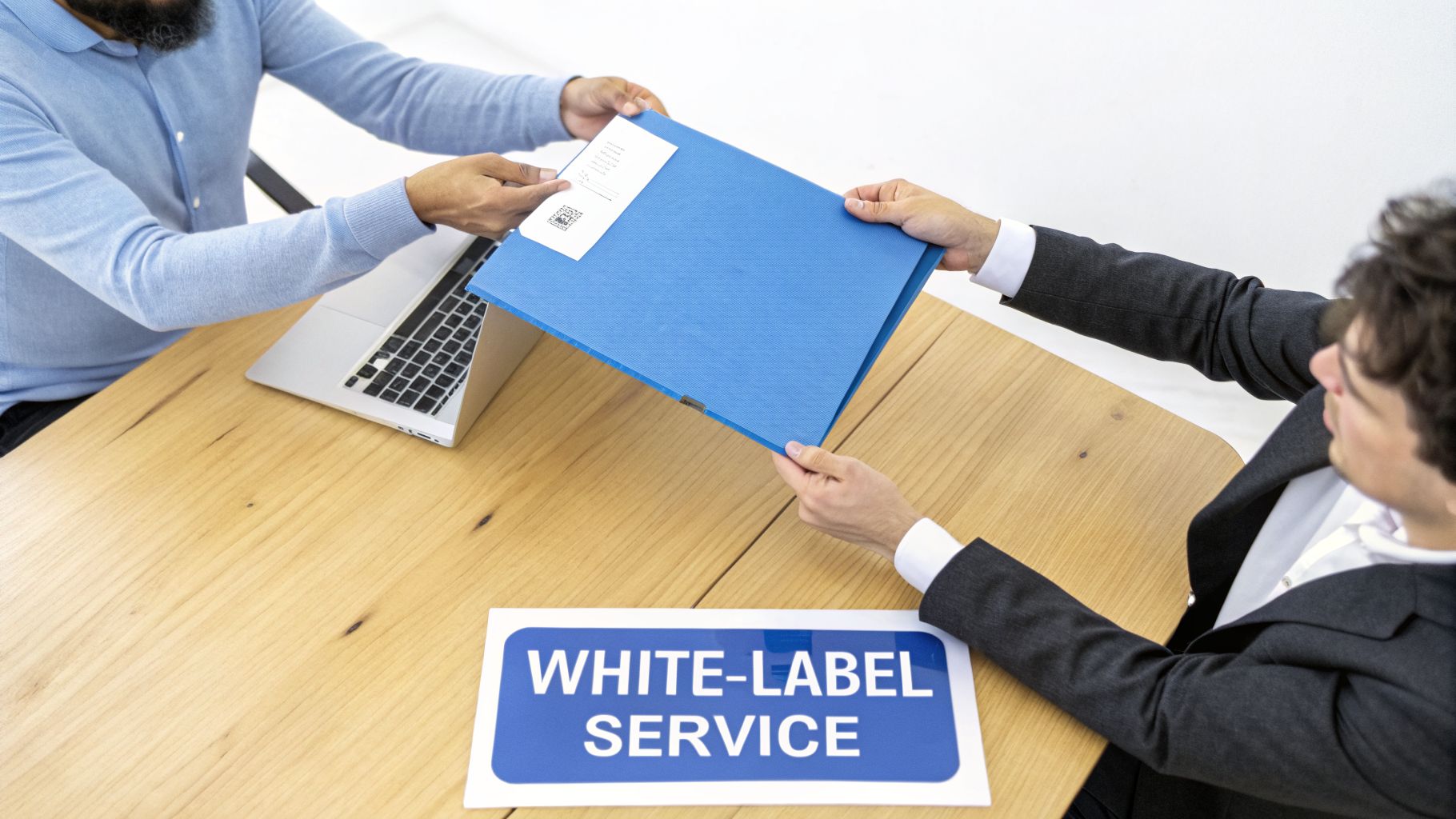 Two business people exchanging a blue folder on a wooden desk with a laptop and a 'White-Label Service' sign.