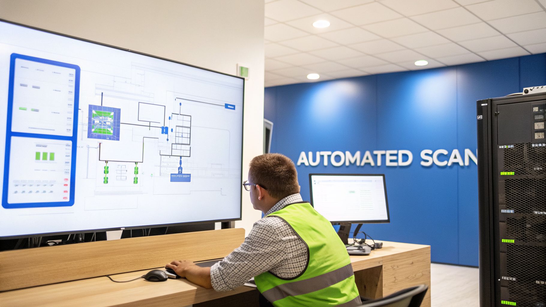 Man in safety vest monitoring automated scan system on large screen in a control room.