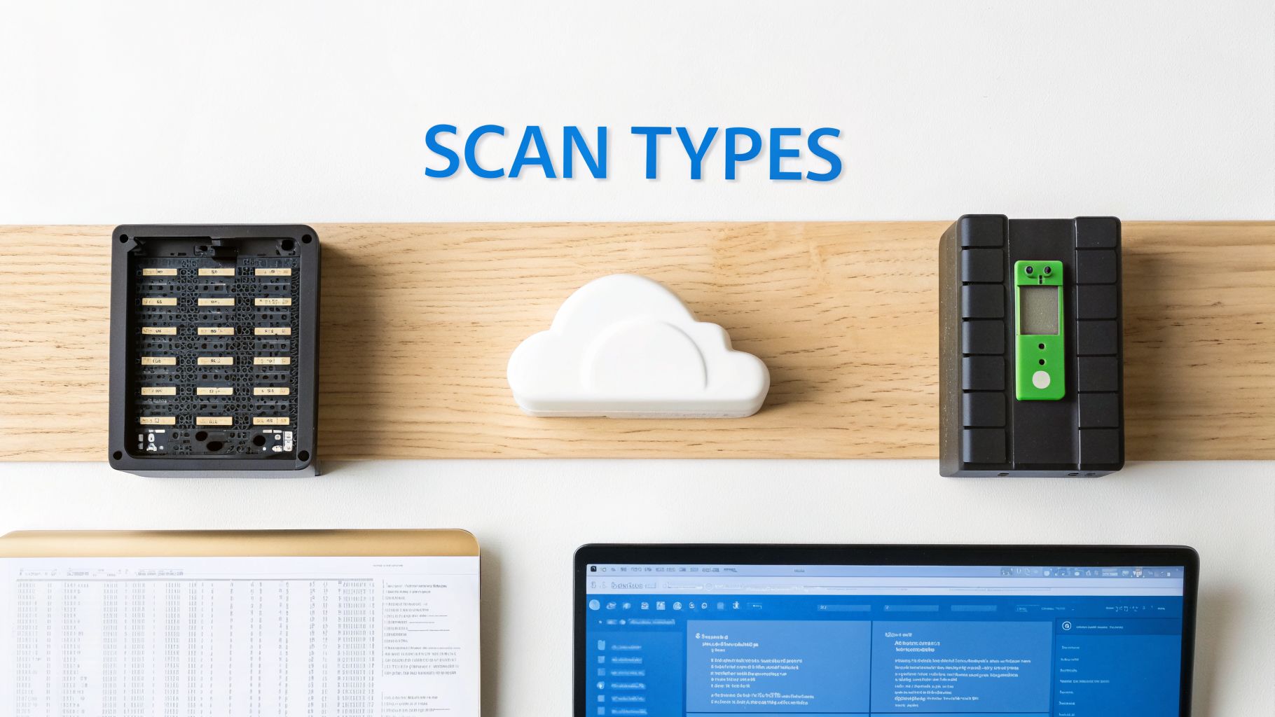 Diverse tech devices, a cloud icon, and screens illustrating various automated scan types.
