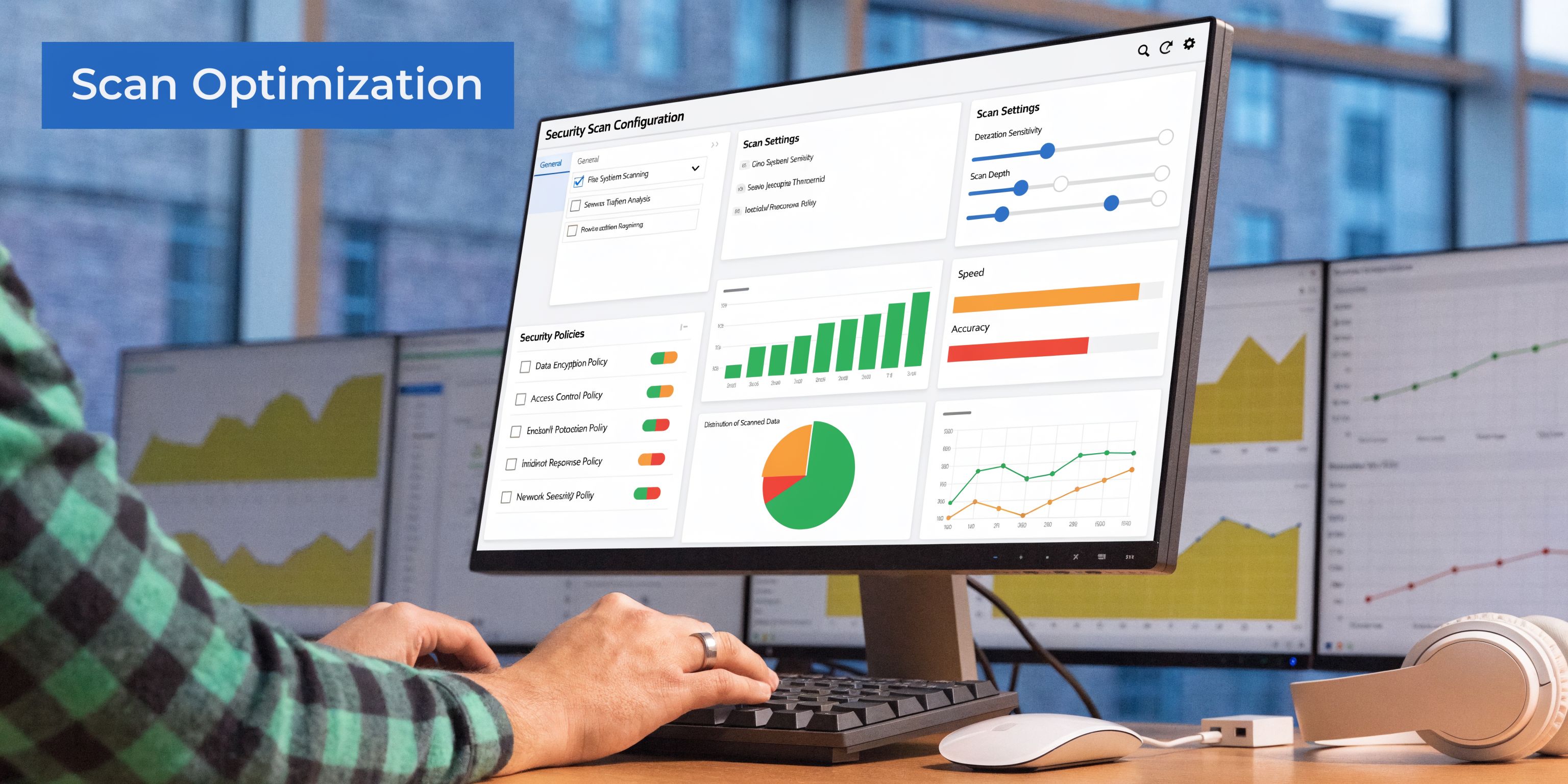 A professional working at a desk using a computer to manage security scan optimization and settings.