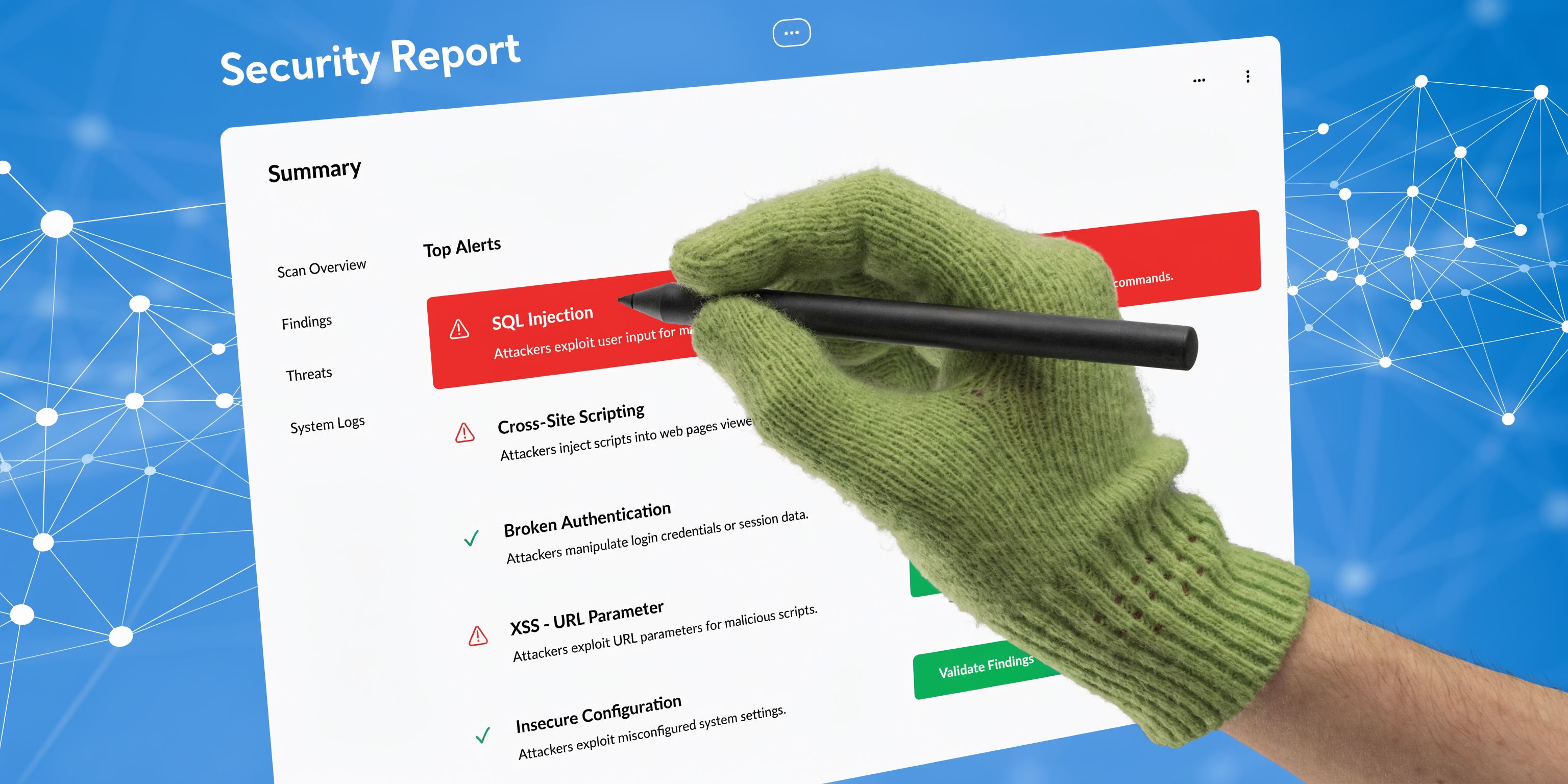 A gloved hand uses a stylus to point at a security report listing cyber attack alerts.