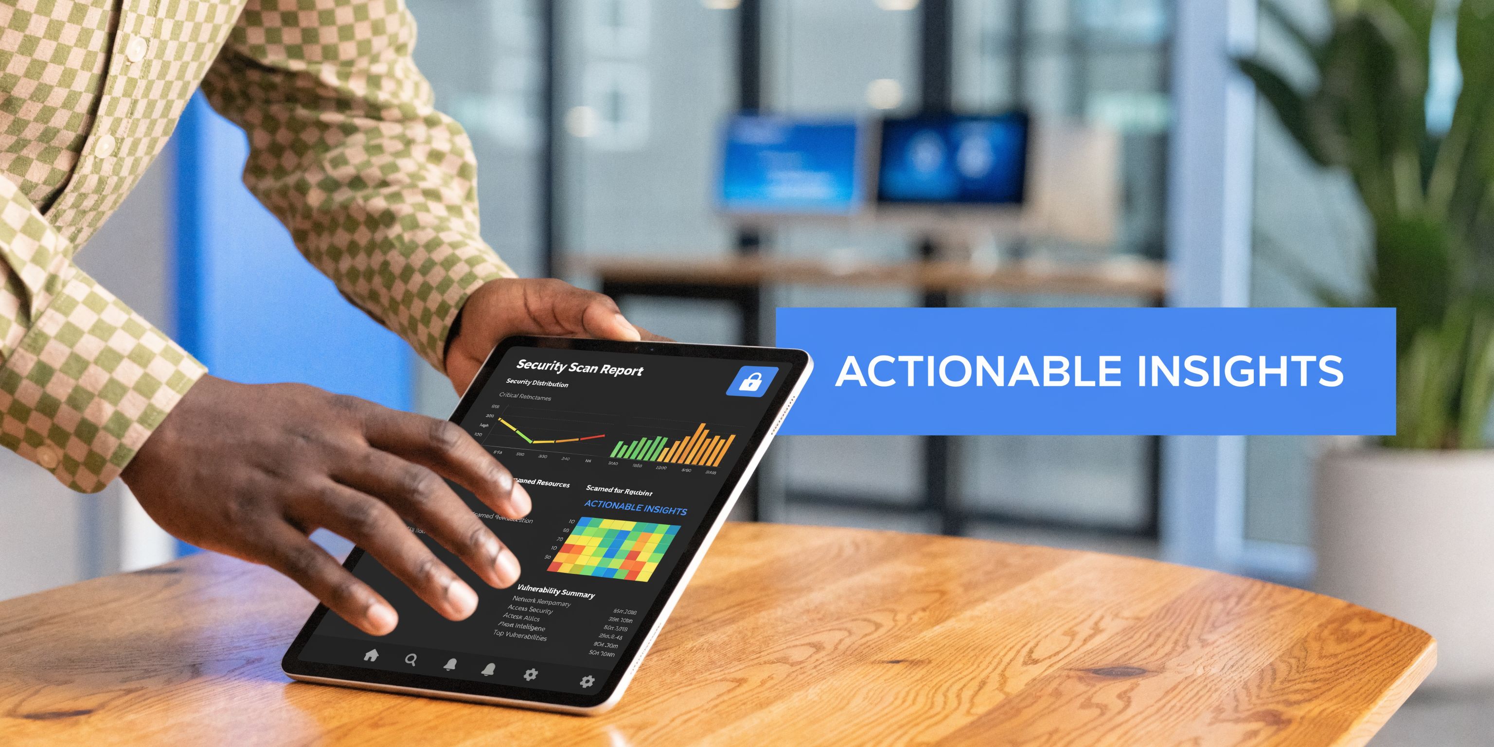A person using a tablet to view an automated security scan report with various analytical charts.