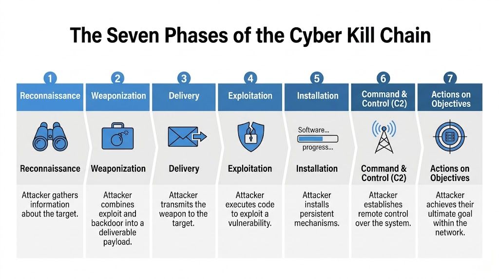 A diagram outlining the seven phases of the Cyber Kill Chain, from reconnaissance to actions on objectives.