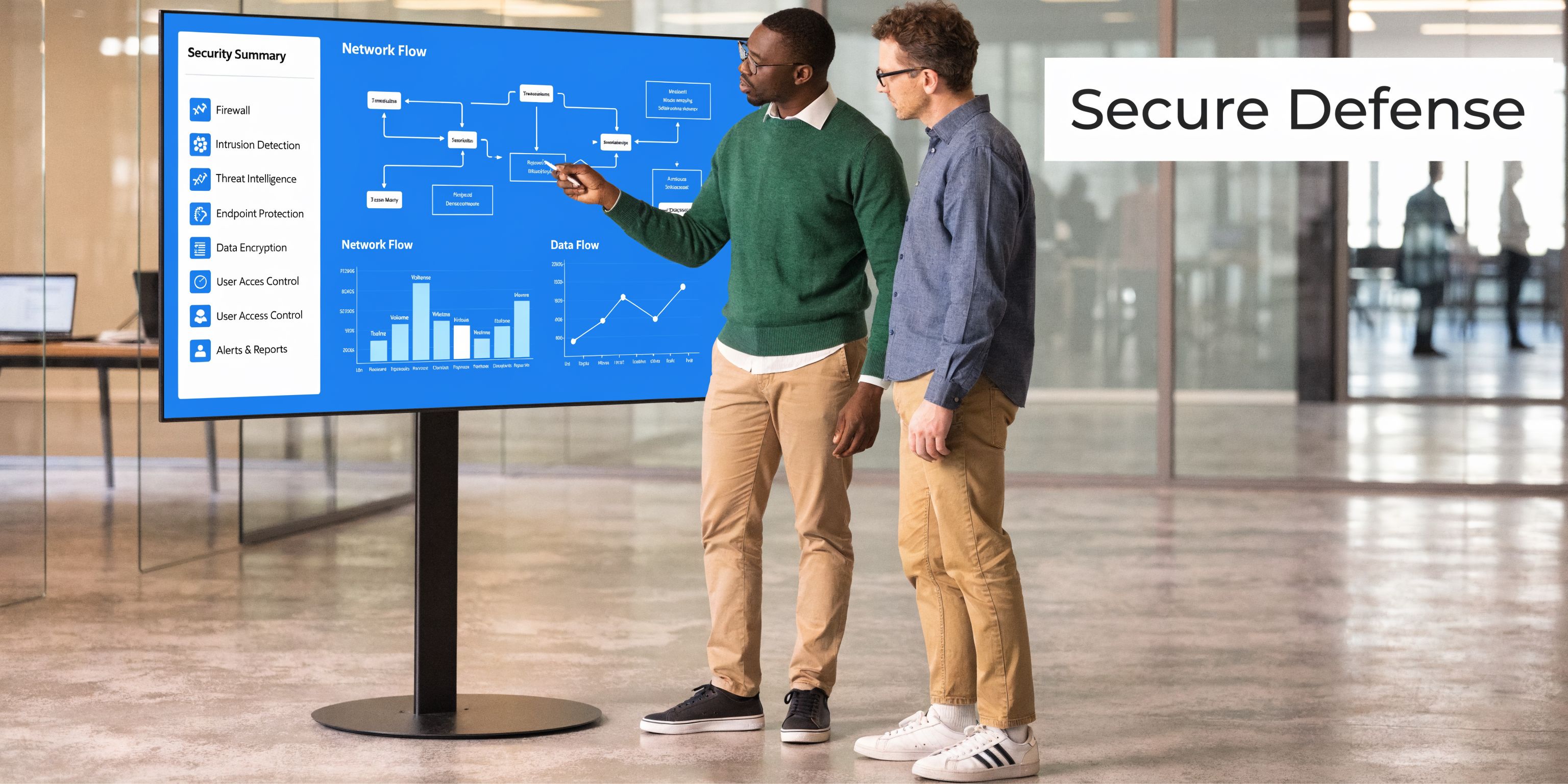 Two professional colleagues analyzing network security diagrams and data flow charts on a large digital conference display.