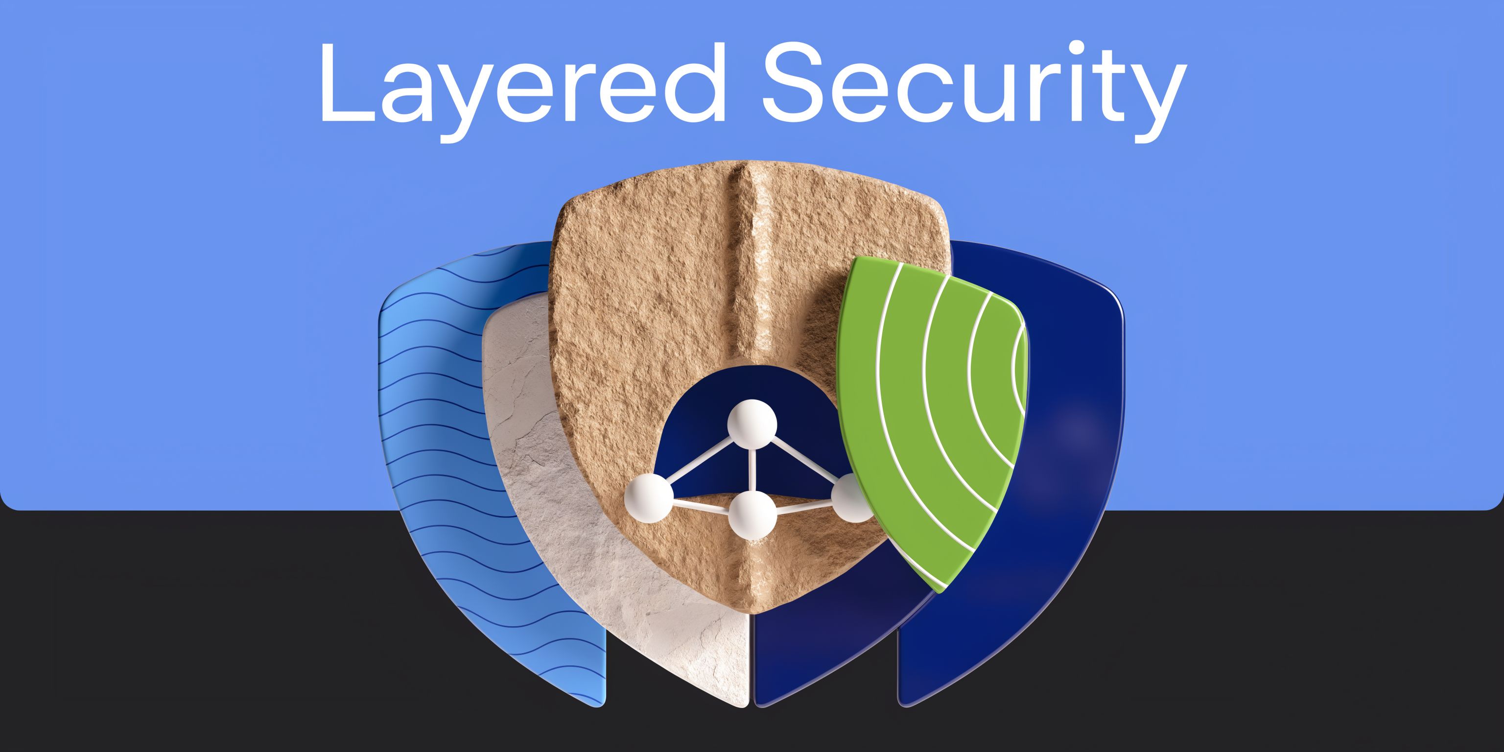 A conceptual graphic illustrating layered security with stacked shield icons and a network node connection.