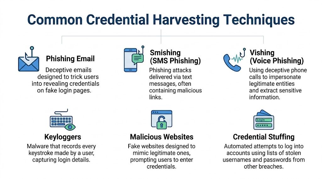 A diagram illustrating common credential harvesting techniques including phishing, smishing, vishing, keyloggers, malicious websites, and credential stuffing.