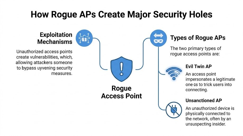 A diagram explaining how rogue access points create security risks, including evil twin and unsanctioned access points.