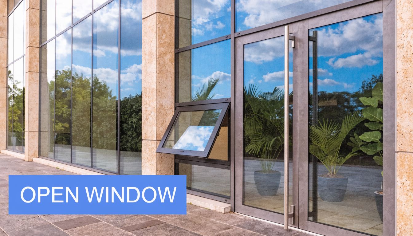 A modern building facade featuring large glass windows, a single open awning window, and a glass door.