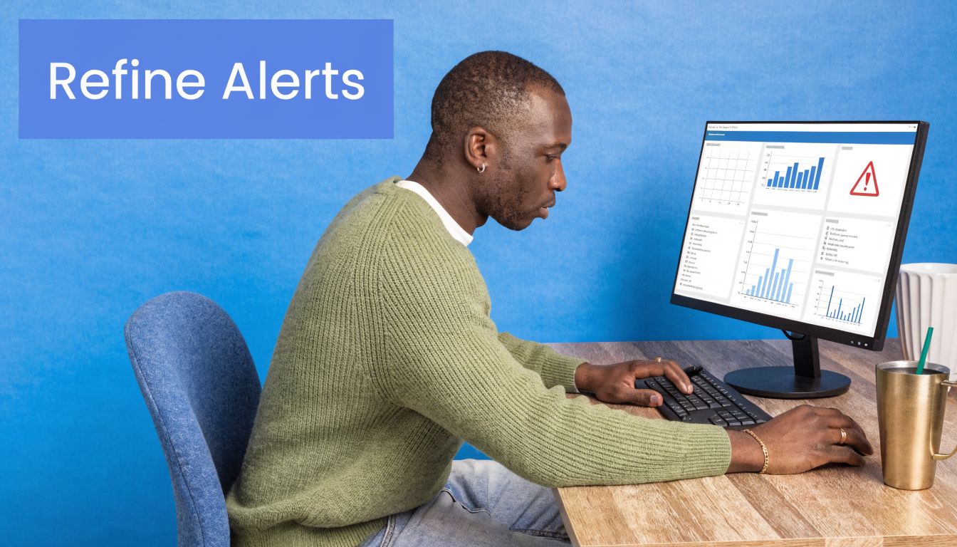 A focused man wearing a green sweater working at his computer with alert charts on the screen.