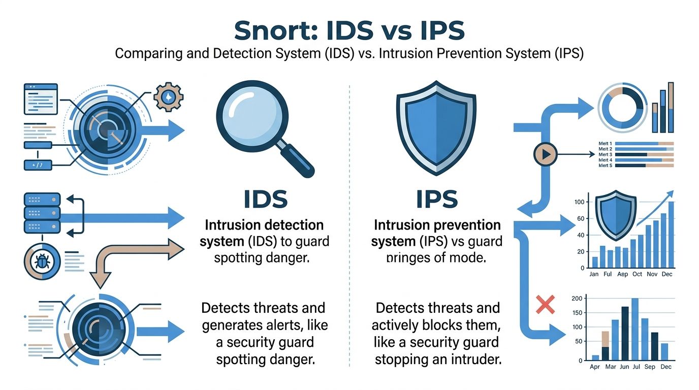 An infographic comparing Snort IDS and IPS with visual icons and descriptions of their security functions.