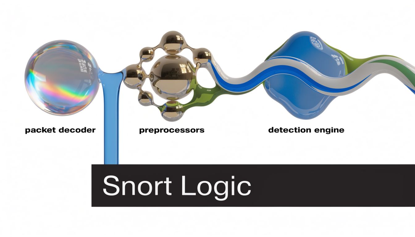 A 3D abstract graphic illustrating Snort logic with labels for packet decoder, preprocessors, and detection engine.