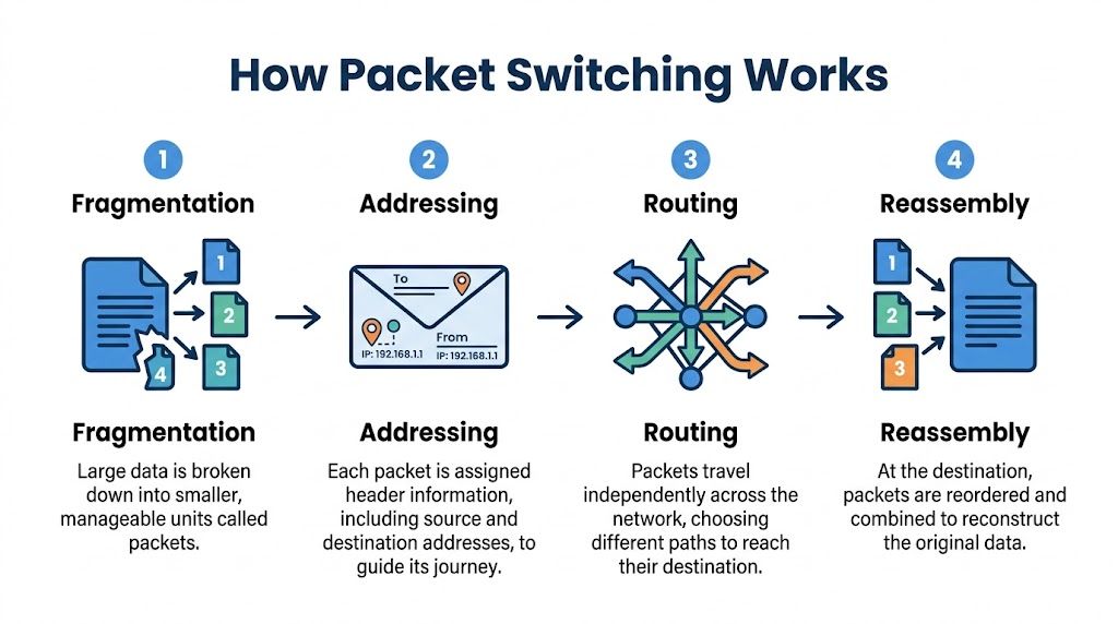 A diagram illustrating the four steps of packet switching: fragmentation, addressing, routing, and reassembly of data.