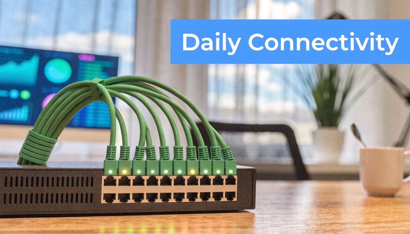 A close-up view of a network switch with green Ethernet cables plugged into its ports on a desk.