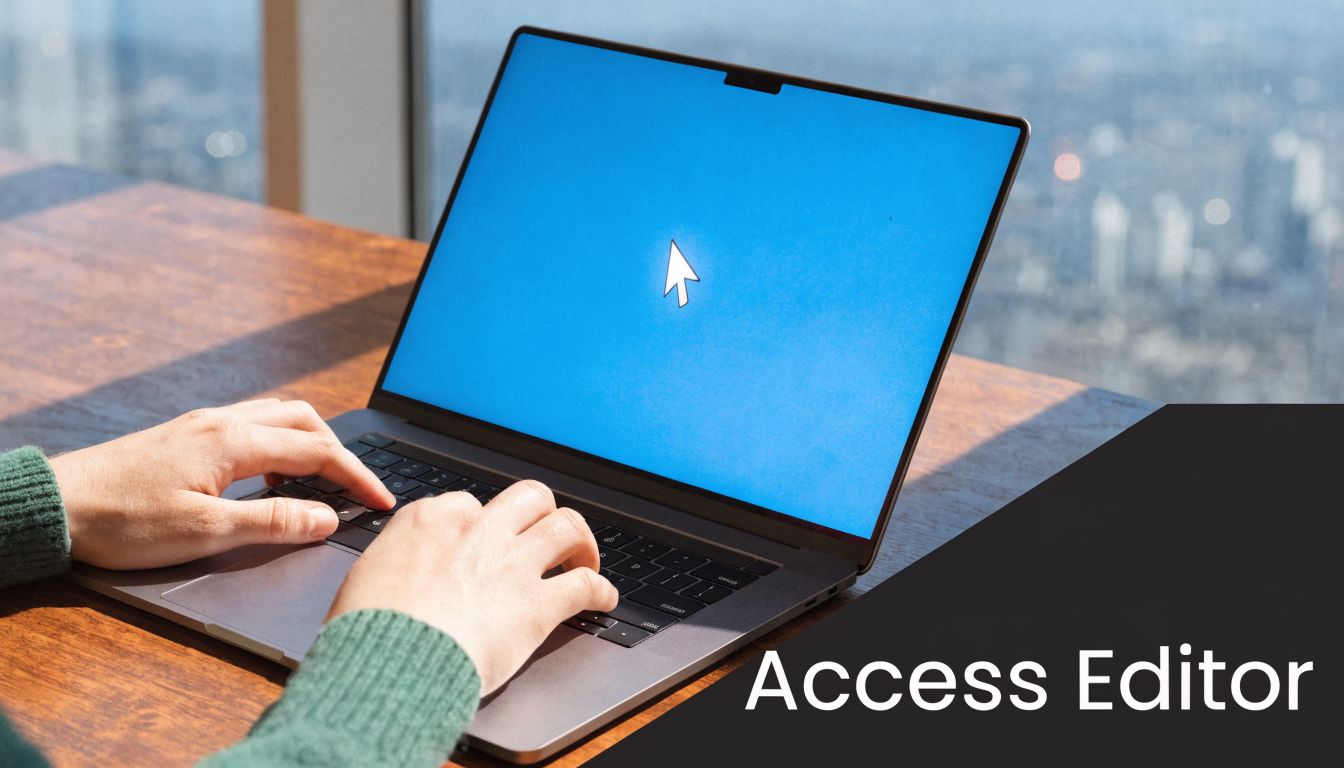 A person typing on a laptop screen showing a blue background with a white mouse cursor.