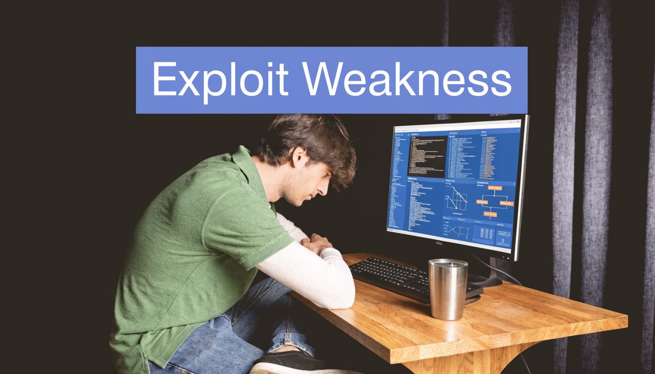 A person sitting at a desk looking intently at a computer screen displaying complex coding or technical charts.