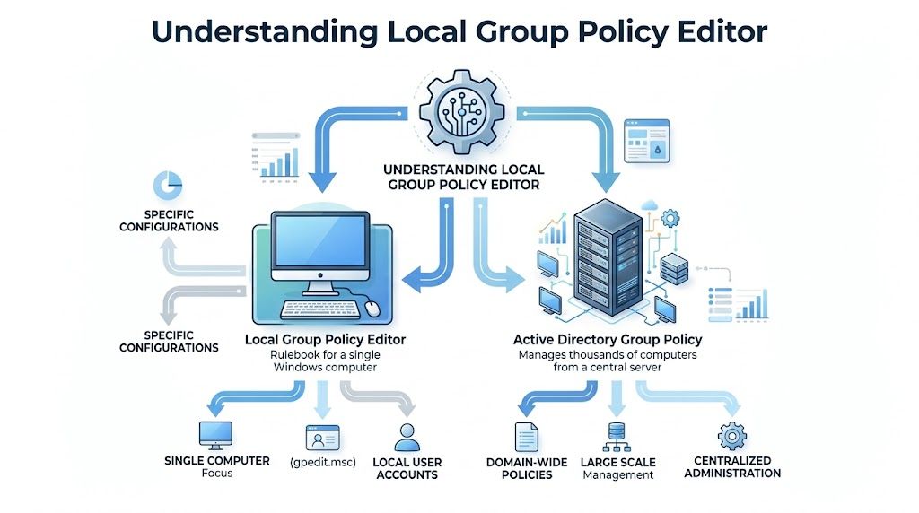 A diagram contrasting Local Group Policy Editor for individual computers with Active Directory Group Policy for central administration.