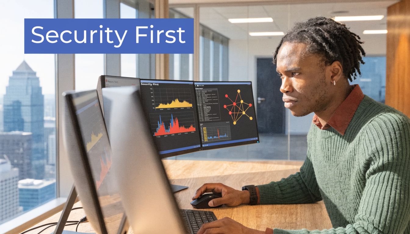 A professional working on multiple computer screens showing security data analytics in a modern high-rise office.