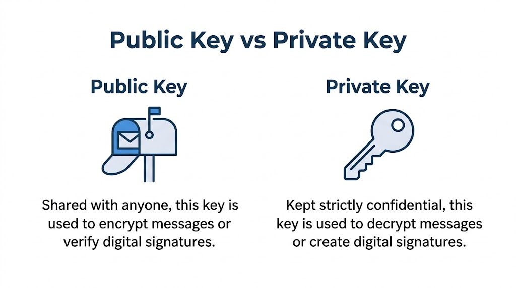 An educational infographic comparing the functions and accessibility of public keys versus private keys in encryption.
