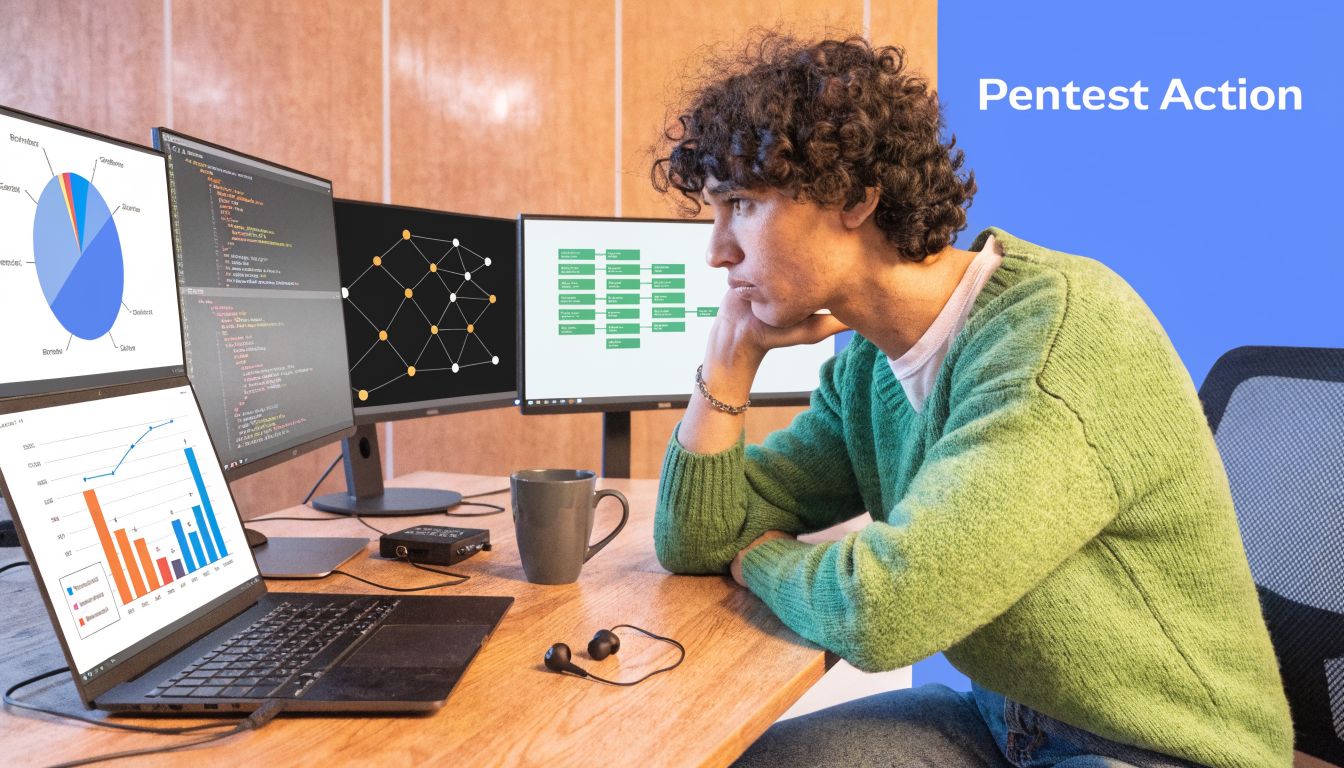 A person focused on multiple computer screens displaying network graphs and data analytics in an office setting.
