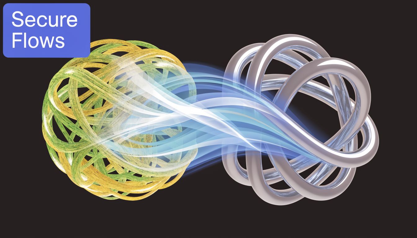 An abstract representation of data flows between a complex organic knot and a geometric silver structure.