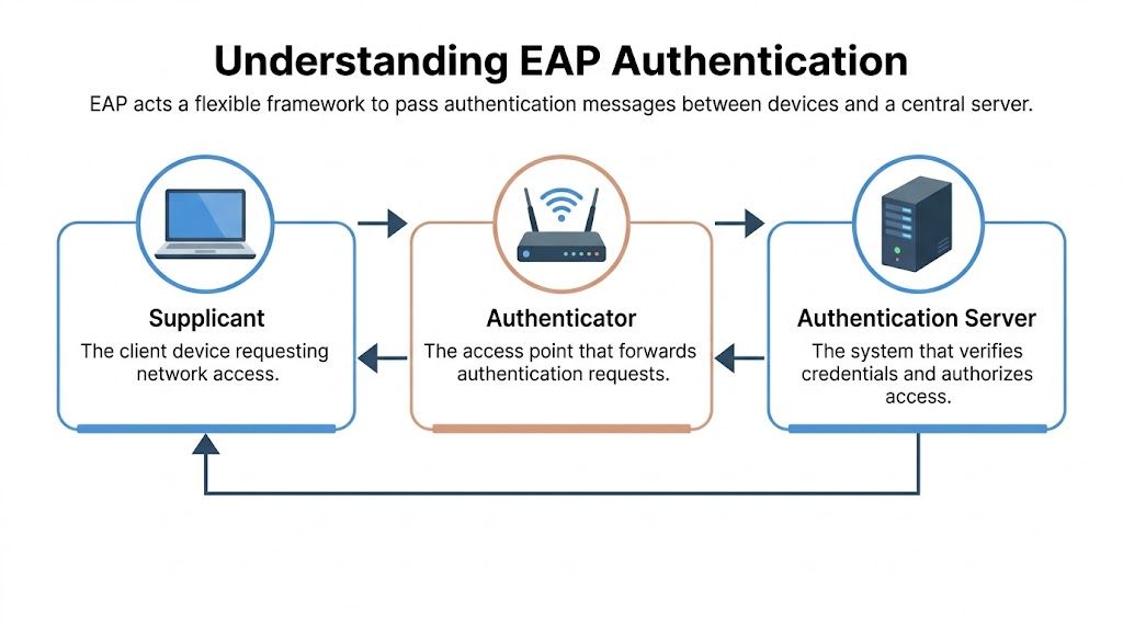 A diagram illustrating the three components of EAP authentication: the supplicant, the authenticator, and the authentication server.