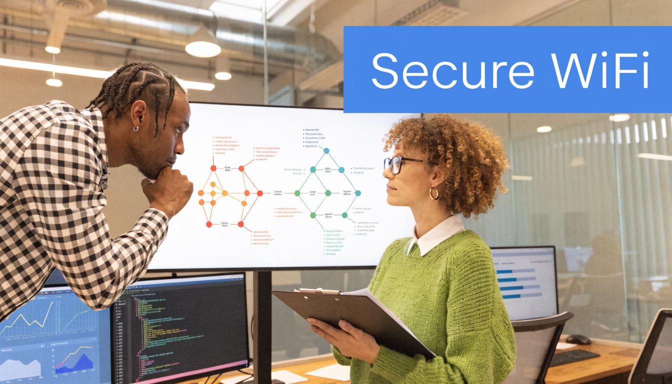 A professional man and woman discussing network architecture diagrams on a screen in a modern office.