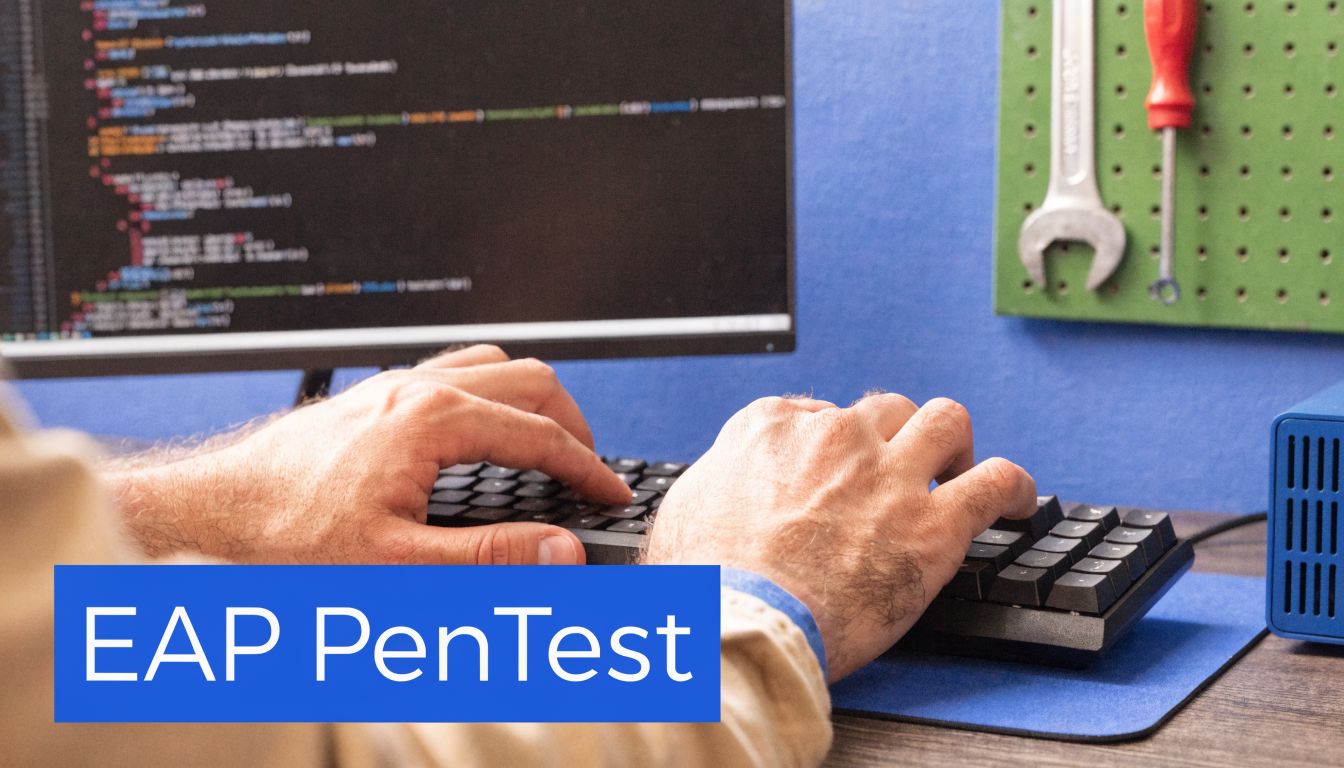 A person coding on a computer keyboard with tools mounted on the wall in the background.