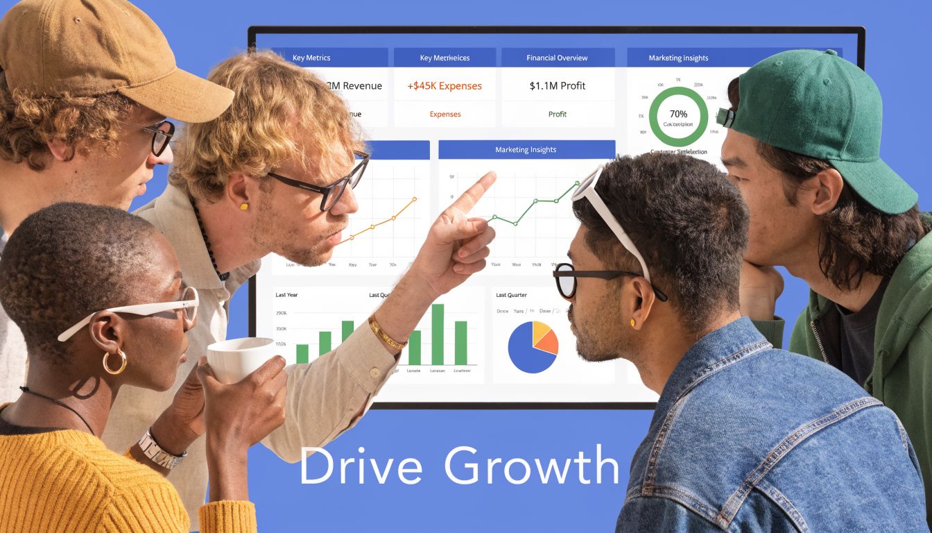 A diverse group of professionals looking at a digital data dashboard on a screen during a meeting.