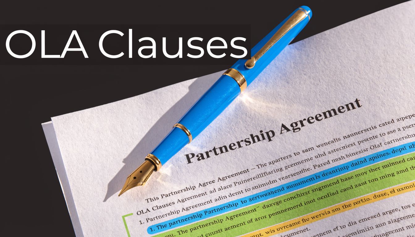 A blue fountain pen rests on a Partnership Agreement document featuring OLA Clauses text.