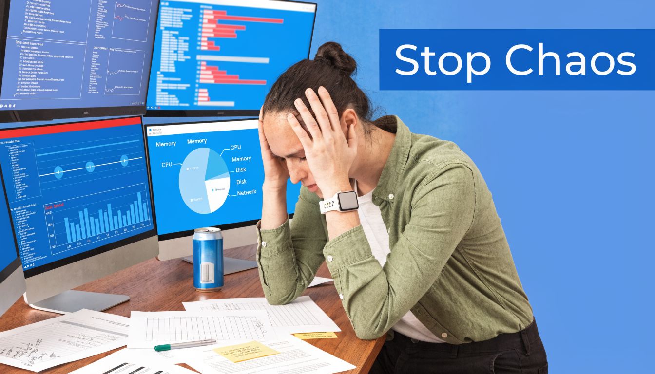 A stressed person working at a desk with multiple computer screens displaying complex data charts and analytics.