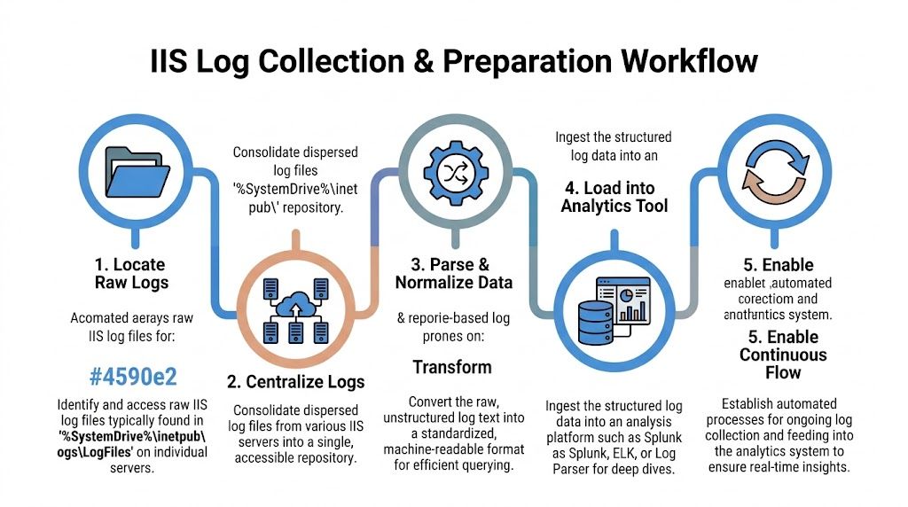 A five-step flowchart illustrating the IIS log collection and preparation process from raw logs to analytics.