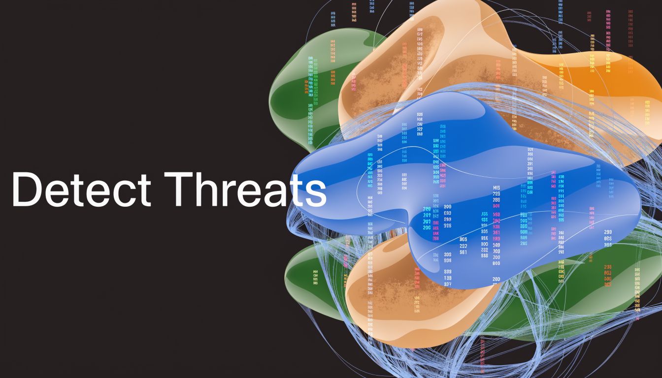 A digital graphic featuring organic abstract shapes filled with data code, representing advanced cybersecurity threat detection.