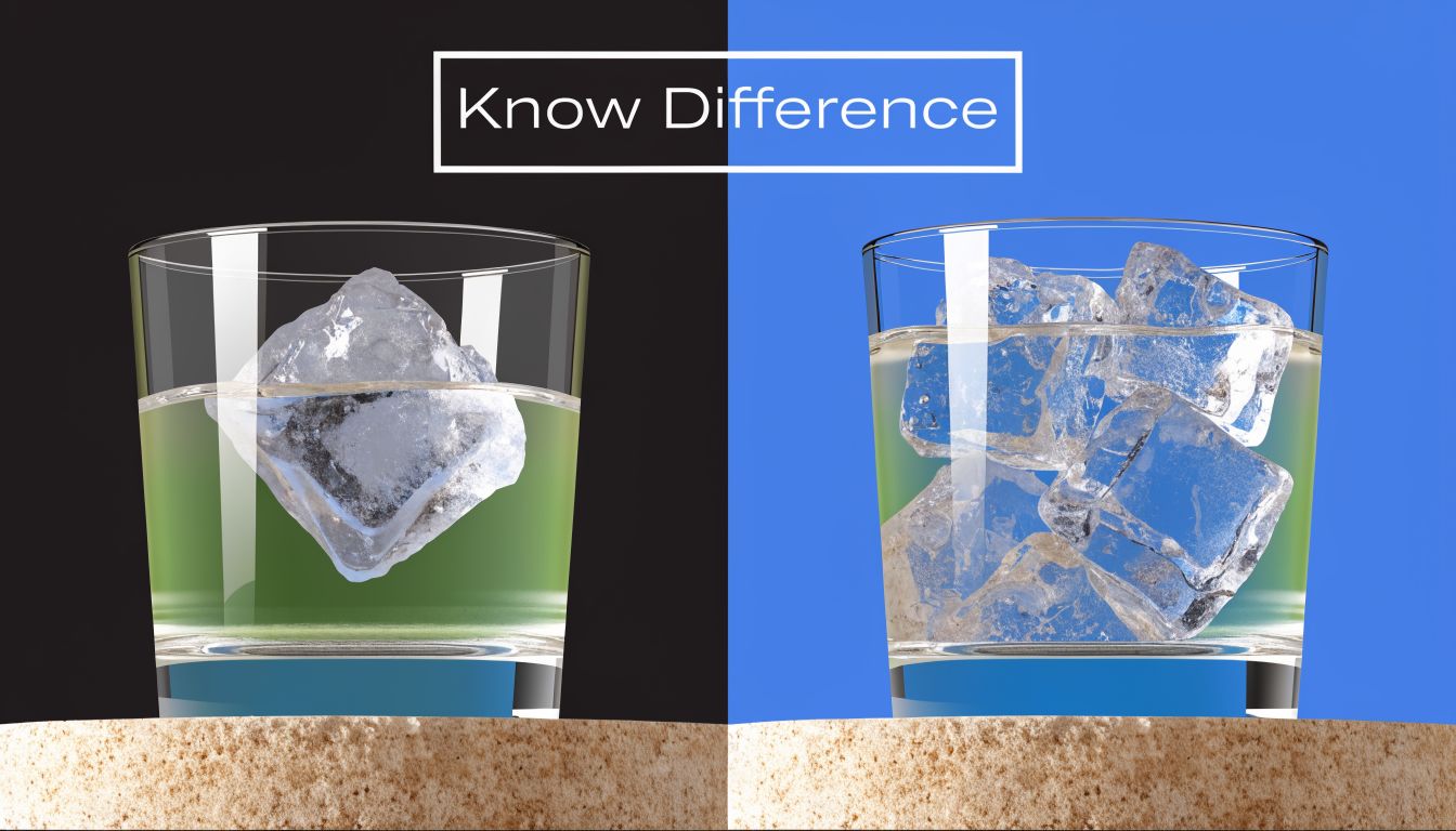 A split screen comparing a single large ice cube in a glass versus multiple small ice cubes.