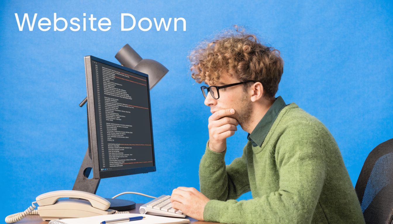 A man wearing glasses looking thoughtfully at a computer screen displaying complex code while sitting at a desk.