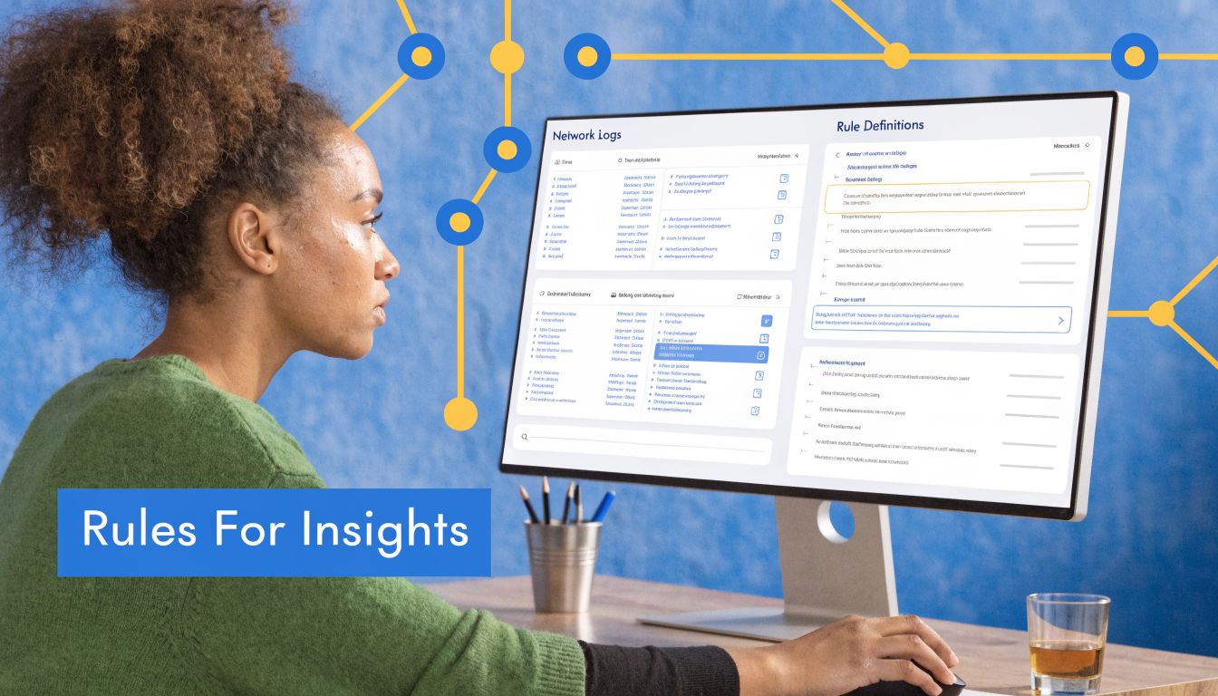 A professional analyzing network log data and rule definitions on a computer monitor in a modern office.