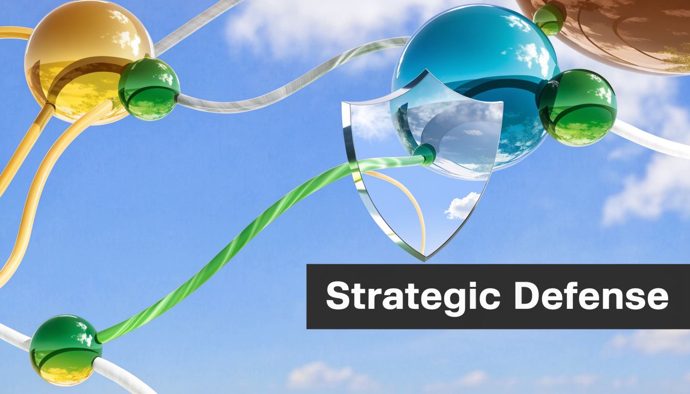 A conceptual graphic featuring floating spheres connected by lines protected by a digital shield against sky.