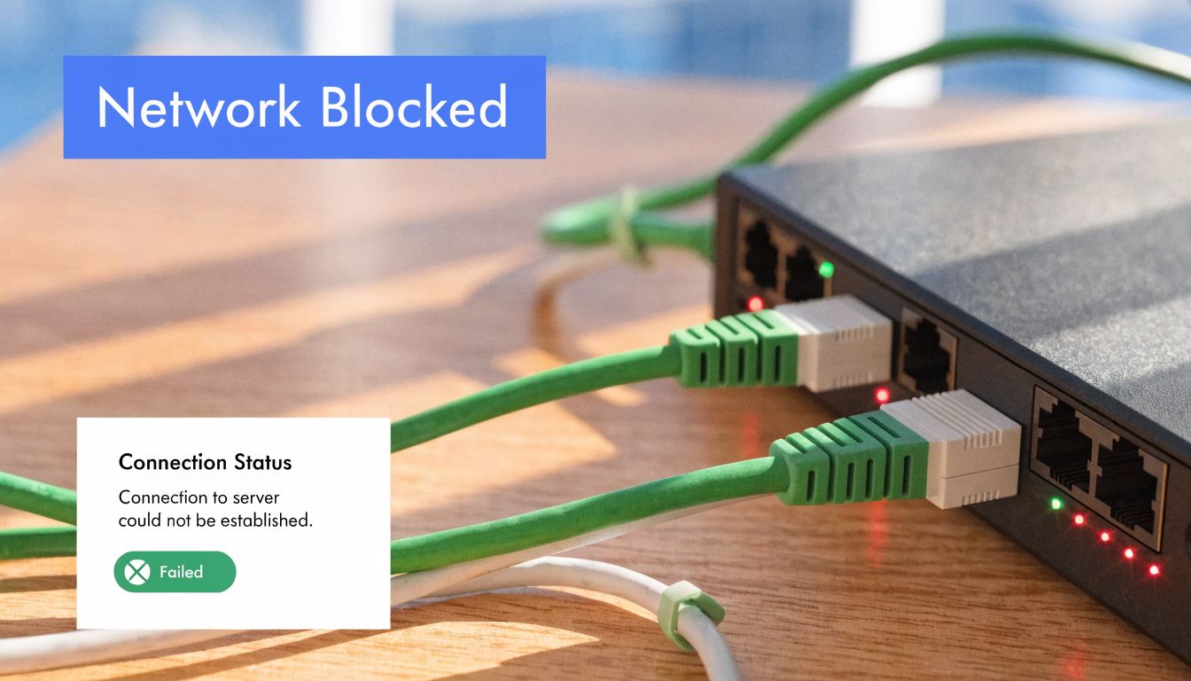 A conceptual image showing a network error message displayed over a black internet router with cables.