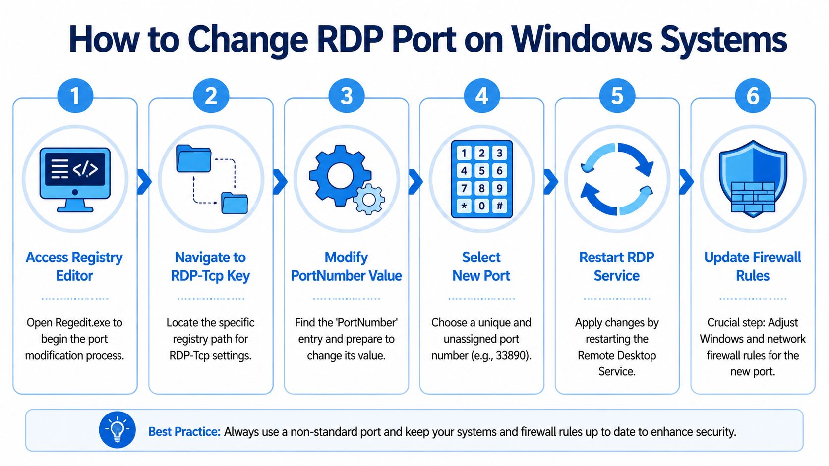 A step-by-step infographic showing how to change the RDP port on Windows systems using the registry editor.