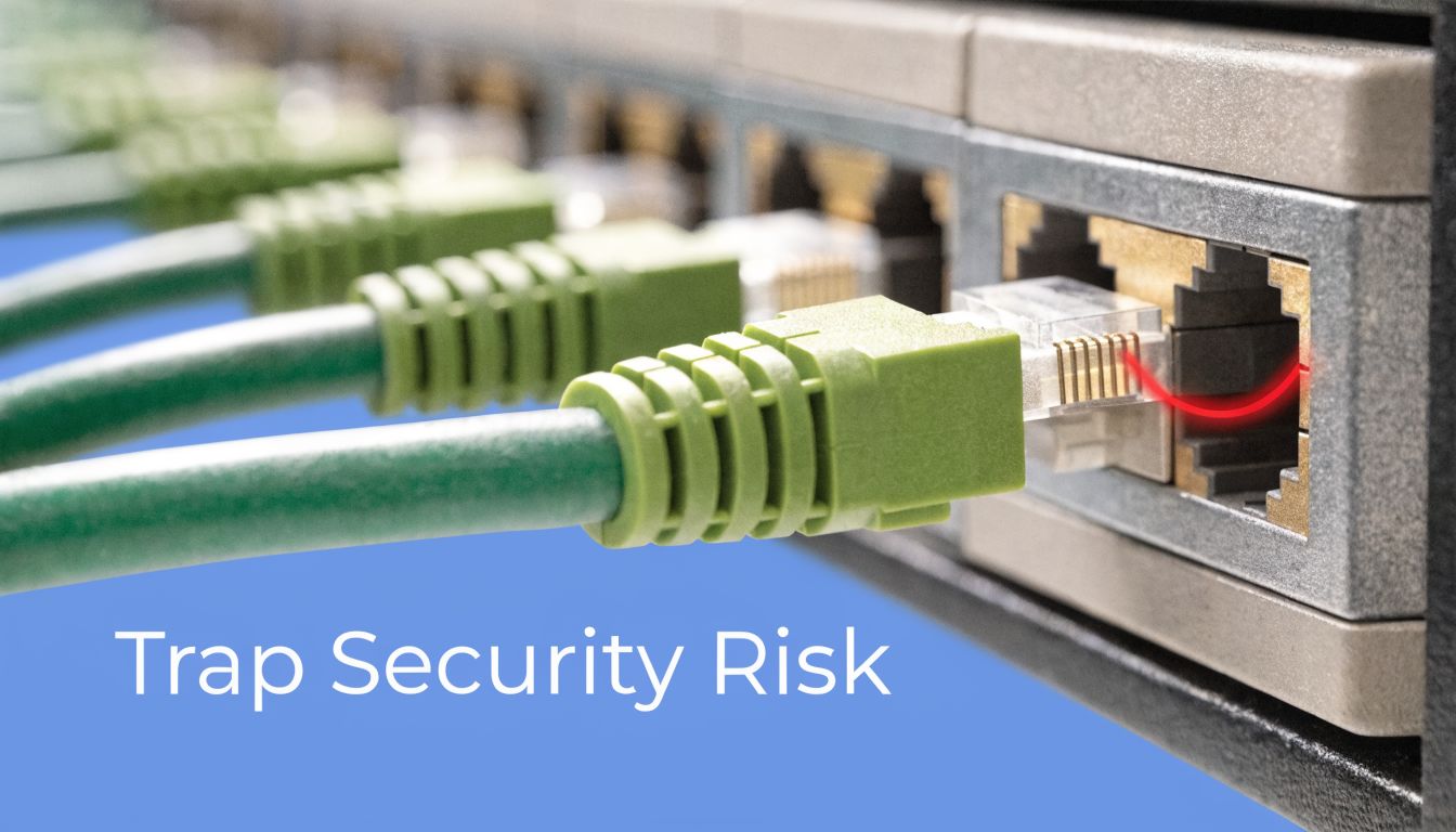 A close-up view of a green ethernet cable plugged into a network switch port labeled Trap Security Risk.