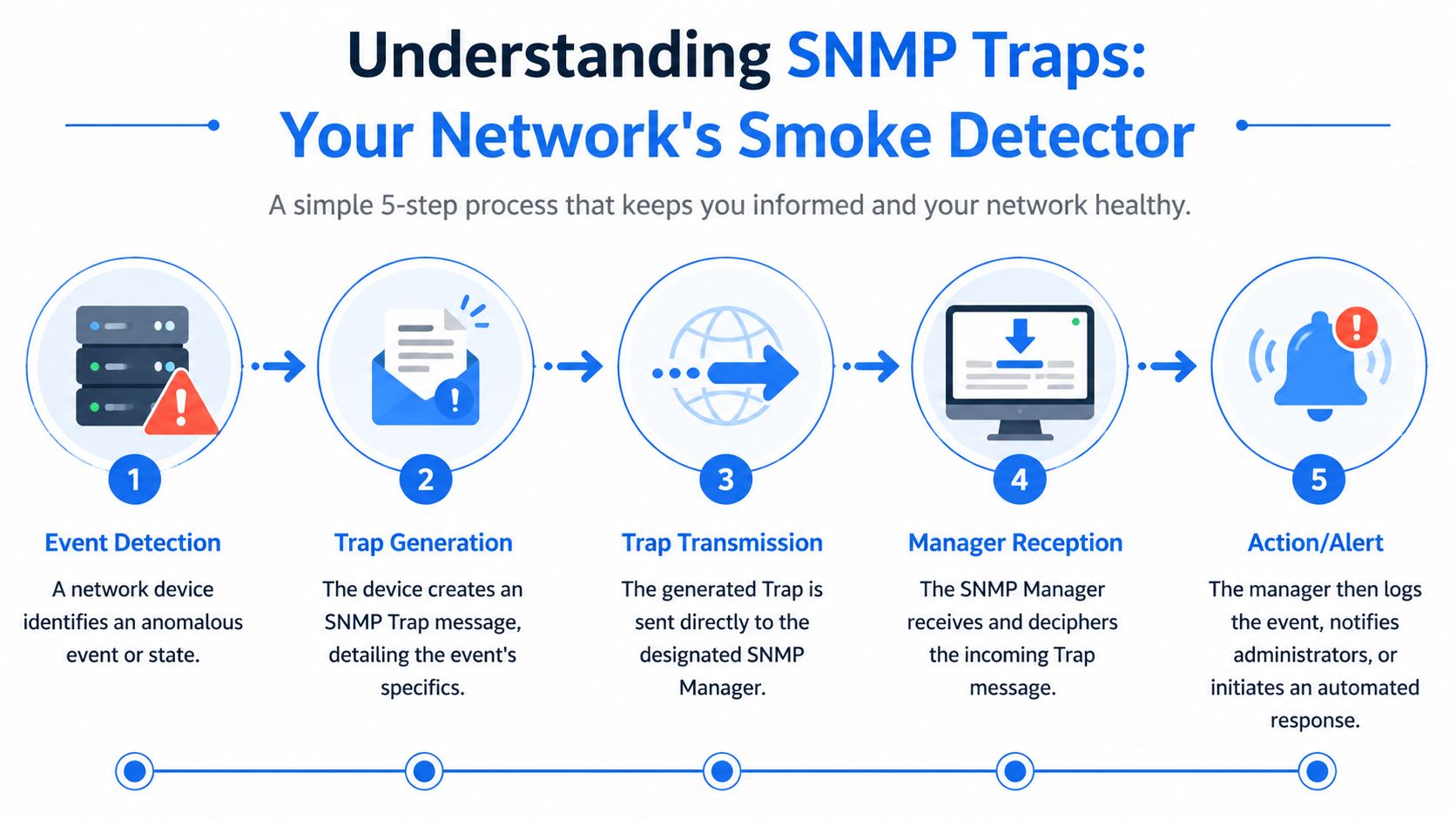 A five-step infographic illustrating how network devices generate and send SNMP traps to a manager for alerts.