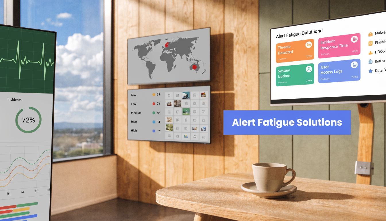 A modern office space featuring multiple monitors displaying cybersecurity dashboards and data visualization charts.